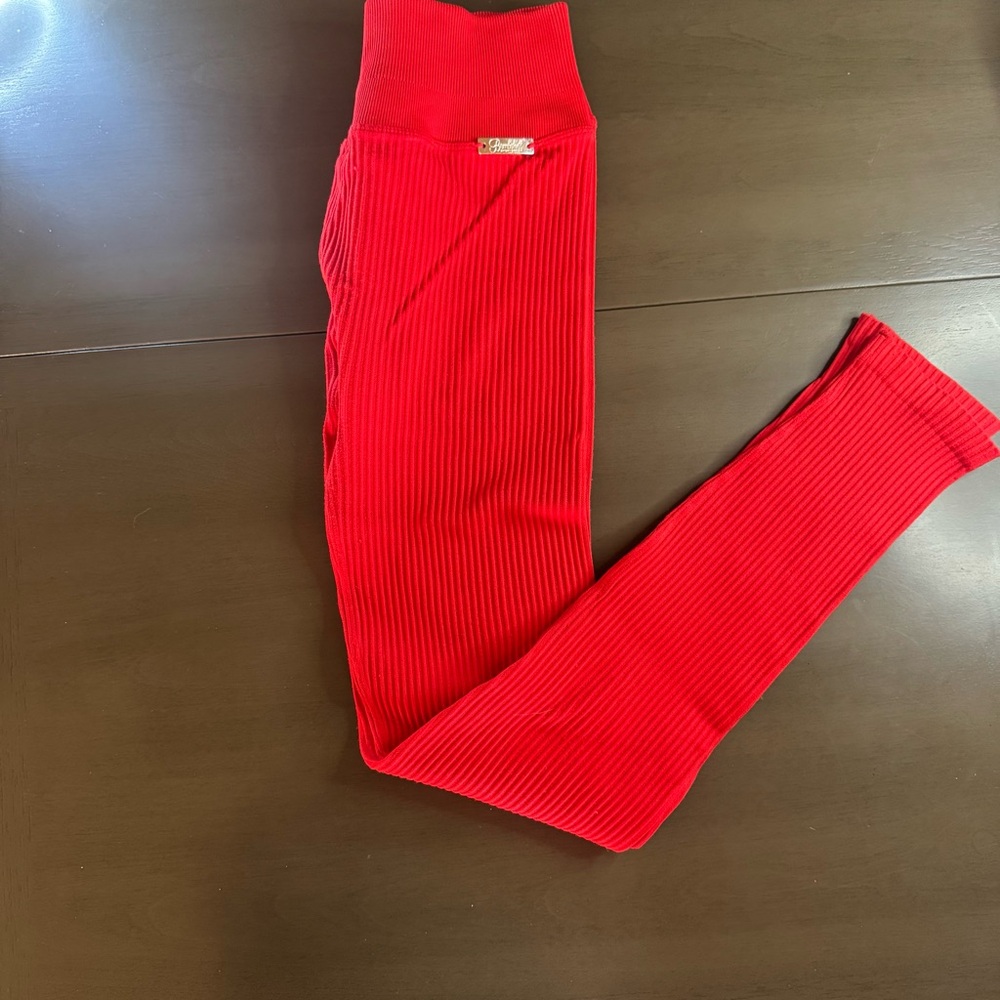 Bombshell Sportswear Red Ribbed Leggings - Picture 2 of 5